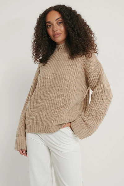 Na-kd Folded Sleeve High Neck Sweater In Beige-neutral In Light Beige