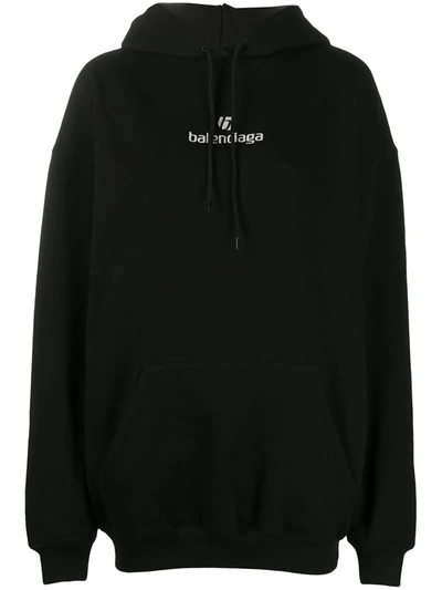 Balenciaga Embroidered Logo Hooded Sweatshirt In Black