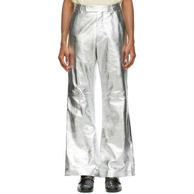 Gucci Silver Metallic Leather Flared Trousers In 8100 Silver