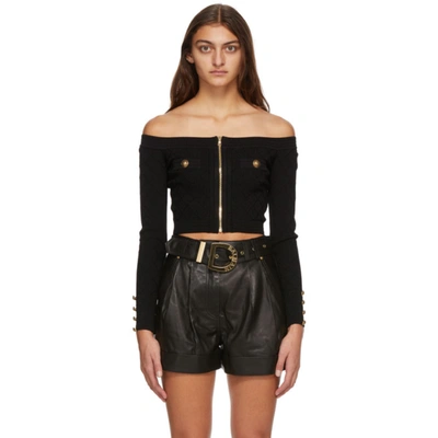 Balmain Off-the-shoulder Knitted Top In Black