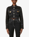 BALMAIN BUTTON-EMBELLISHED CROPPED STRETCH-DENIM JACKET,R03626027