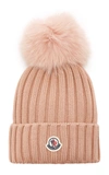 MONCLER WOMEN'S FUR-TRIMMED RIBBED-KNIT WOOL BEANIE,803267