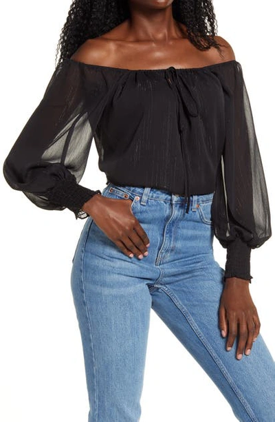 Wayf X Bff Sarah Metallic Off The Shoulder Top In Black Lurex Stripe