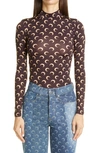 Marine Serre Fitted Moon Print Mock Neck Top In Brown With Tan Print