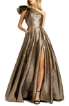 Mac Duggal Crinkle Metallic Ruffle One Shoulder Gown In Antique Bronze
