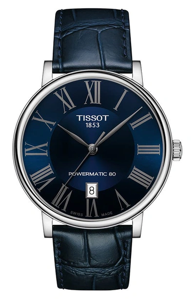 Tissot T-classic Carson Powermatic 80 Leather Strap Watch, 40mm In Blue