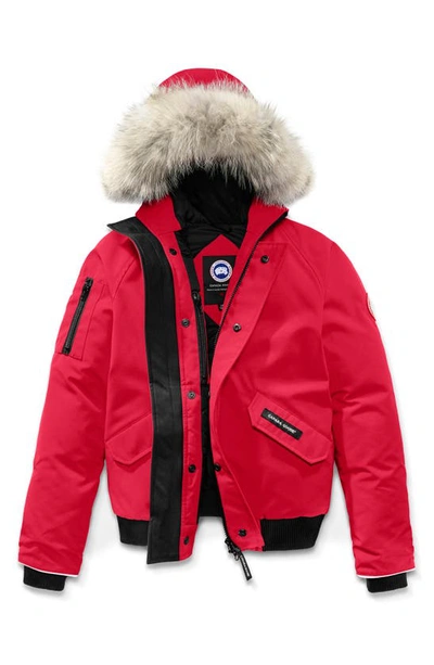 Canada Goose Kids' 'rundle' Down Bomber Jacket With Genuine Coyote Fur Trim In Red