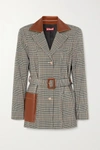 STAUD PAPRIKA BELTED FAUX LEATHER-TRIMMED PRINCE OF WALES CHECKED WOVEN BLAZER
