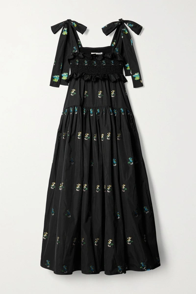 Cecilie Bahnsen Mika Ruffled Embroidered Taffeta Midi Dress In Black