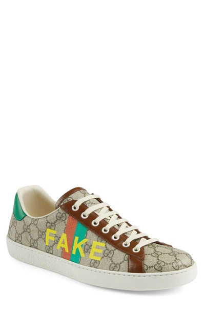 Gucci Ace Printed Leather-trimmed Monogrammed Coated-canvas Sneakers In Beige Ebony Green