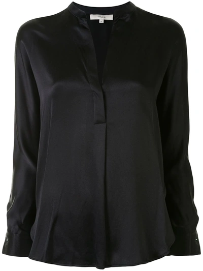 Vince Silk Satin Band Collar Blouse In Black