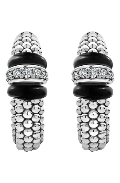 Lagos Sterling Silver Black Caviar Diamond & Black Ceramic Hoop Earrings