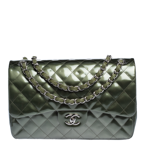Pre-Owned Chanel Green Quilted Patent Leather Jumbo Classic Double Flap Bag | ModeSens