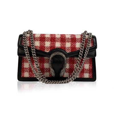 Gucci Red White Vichy Check Dionysus Small Tweed Shoulder Bag In Silver Tone