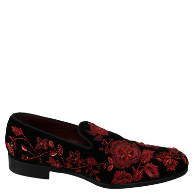 Pre-owned Dolce & Gabbana Black Velvet Red Flowers Loafers Size 43