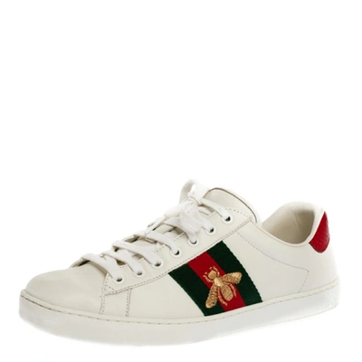 Pre-owned Gucci White Leather Embroidered Bee Ace Low Top Sneakers Size 40.5