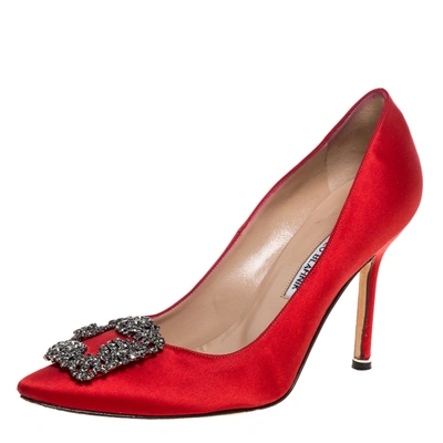 Pre-owned Manolo Blahnik Red Satin Hangisi Embellished Pointed Toe Pumps Size 37.5