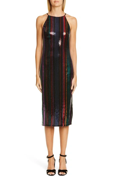 Badgley Mischka Stripe Sequin Midi Evening Dress In Black Multi