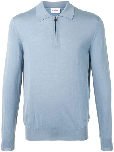 Ferragamo Long-sleeve Knitted Polo Shirt In Blue