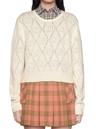 Gucci Gg Perforated Crop Sweater In White