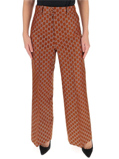 Gucci Gg Lamé Light Wool Blend Flared Trousers In Brown