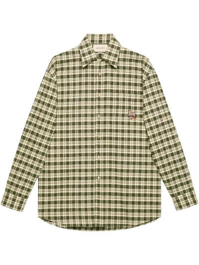 Gucci Cat-embroidered Check Cotton-poplin Shirt In Green