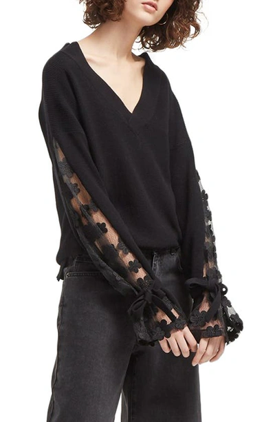 French Connection Caballo Floral-lace Sleeve Sweater In Black