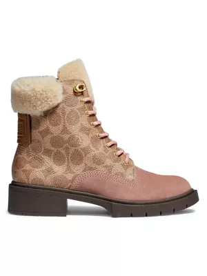 Coach Lorimer Shearling-trimmed Signature Coated Canvas & Leather Combat Boots In Dusty Rose