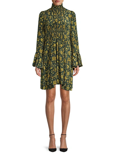 Amur Sorah Highneck Floral Silk Dress In Emerald