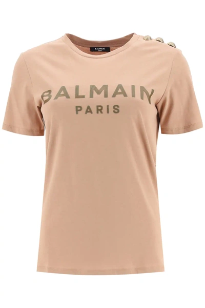 Balmain T-shirt Bronze Logo In Beige,brown