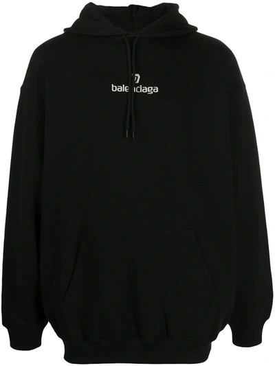 Balenciaga Logo Embroidery Cotton Hoodie In Black