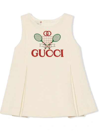 Gucci Babies' Tennis Embroidered Pleated Cotton Dress In White Multi