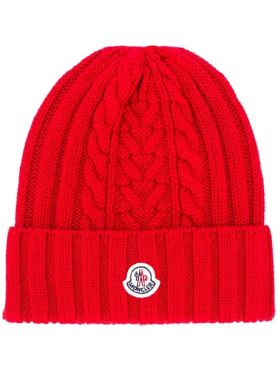 Moncler Cable-knit Wool Beanie Hat In Red