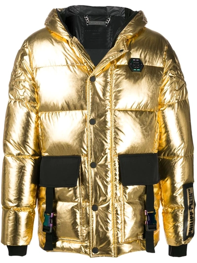 Philipp Plein Metallic Padded Hooded Jacket In Gold