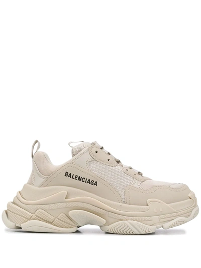 Balenciaga Triple S Logo-embroidered Leather, Nubuck And Mesh Sneakers In 베이지