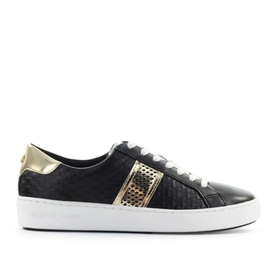 Michael Kors Colby Sneaker In Black And Gold Logoed Leather