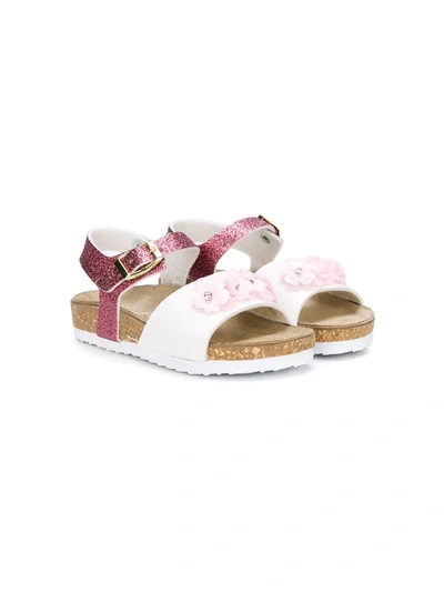 Monnalisa Kids' Flower Embellished Glitter Sandals In White