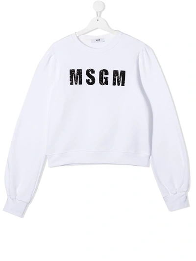 Msgm Teen Sequin Logo Sweatshirt In White