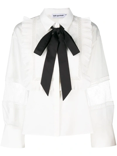 Self-portrait Lace-insert Tie-neck Shirt In White