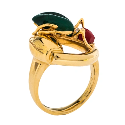 Pre-owned Gucci Horsebit Beetle Malachite Coral Diamond 18k Yellow Gold Cocktail Ring Size 54