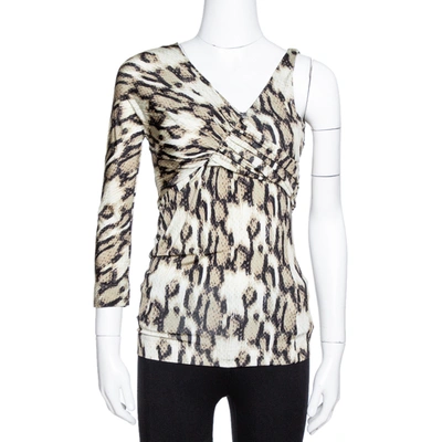 Pre-owned Just Cavalli Khaki Snake Print Jersey Draped Asymmetrical Top M In Beige