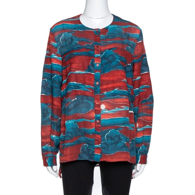 Pre-owned Kenzo Maroon Cloud Print Chiffon Long Sleeve Blouse L In Red