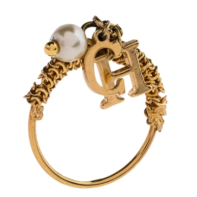 Pre-owned Ch Carolina Herrera Gold Tone Logo Charms Ring Size Eu 50.5