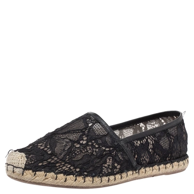 Pre-owned Valentino Garavani Black Lace And Leather Espadrilles Size 38