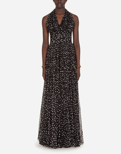 Dolce & Gabbana Long Dress In Polka-dot Print Chiffon In Black