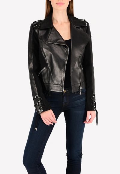 Mugler Leather Biker Jacket With Stretch-knit Panels And Lace-up Trims In Black