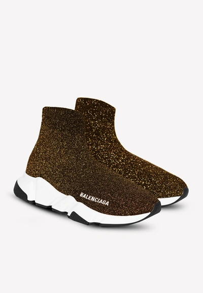 Balenciaga Speed Laminated Knit Sock Sneakers In Gold