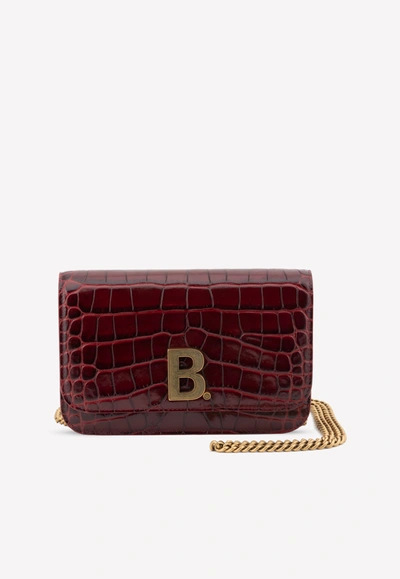 Balenciaga Crocodile Embossed Calfskin Wallet On Chain Bag In Bordeaux