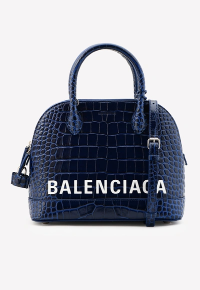 Balenciaga Large Villle Top Handle Bag In Croc-embossed Calfskin In Blue
