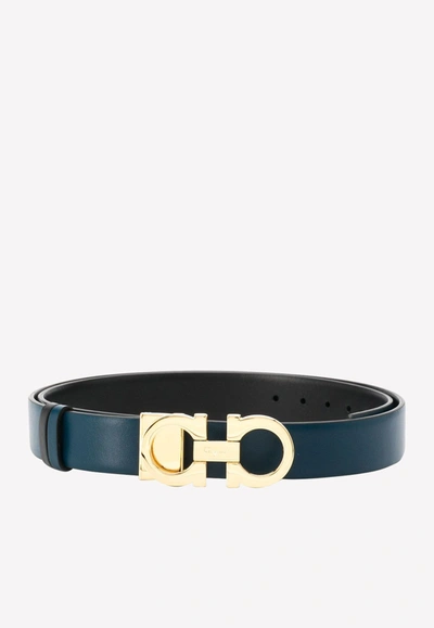 Ferragamo Gancini Reversible Slim Belt In Calf Leather In Blue